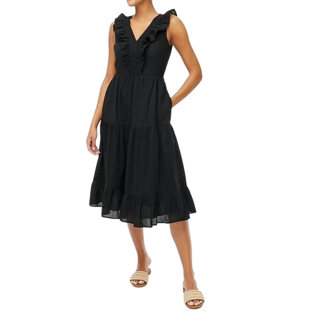 T11 J.Crew Dress Ruffle V-Neck Smocked Tiered Cottagecore Poplin Pockets Black‎